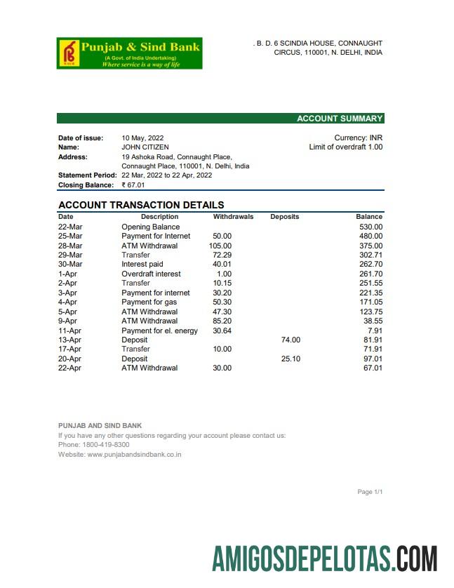Exemplo de extrato bancário da Índia Punjab e Sind Xls